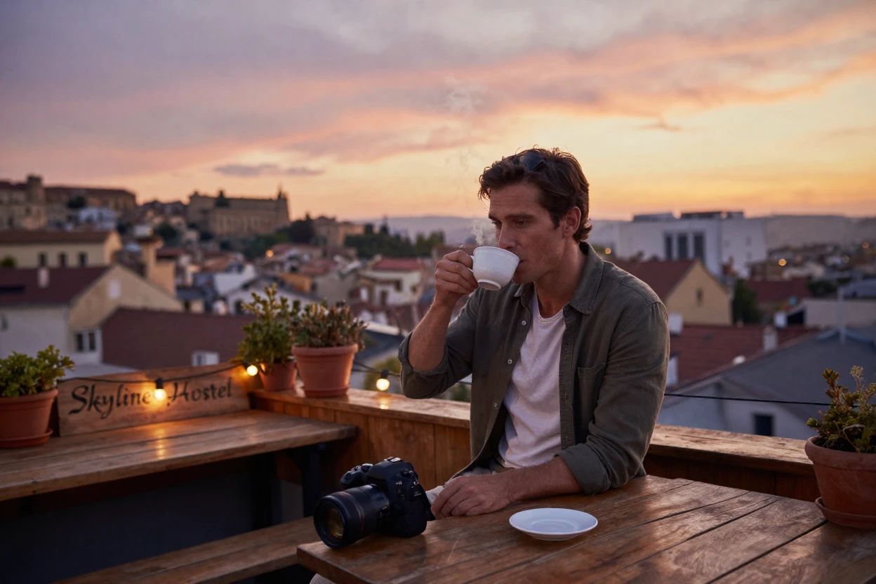 A solo traveler sipping tea at a rooftop hostel overlooking a foreign city.