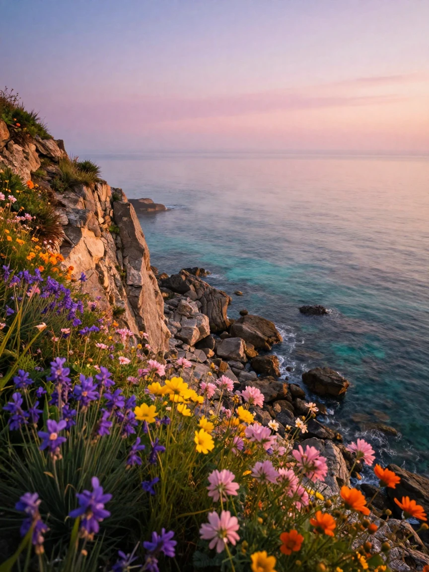 A coastal cliffside covered in wildflowers overlooking the sea.