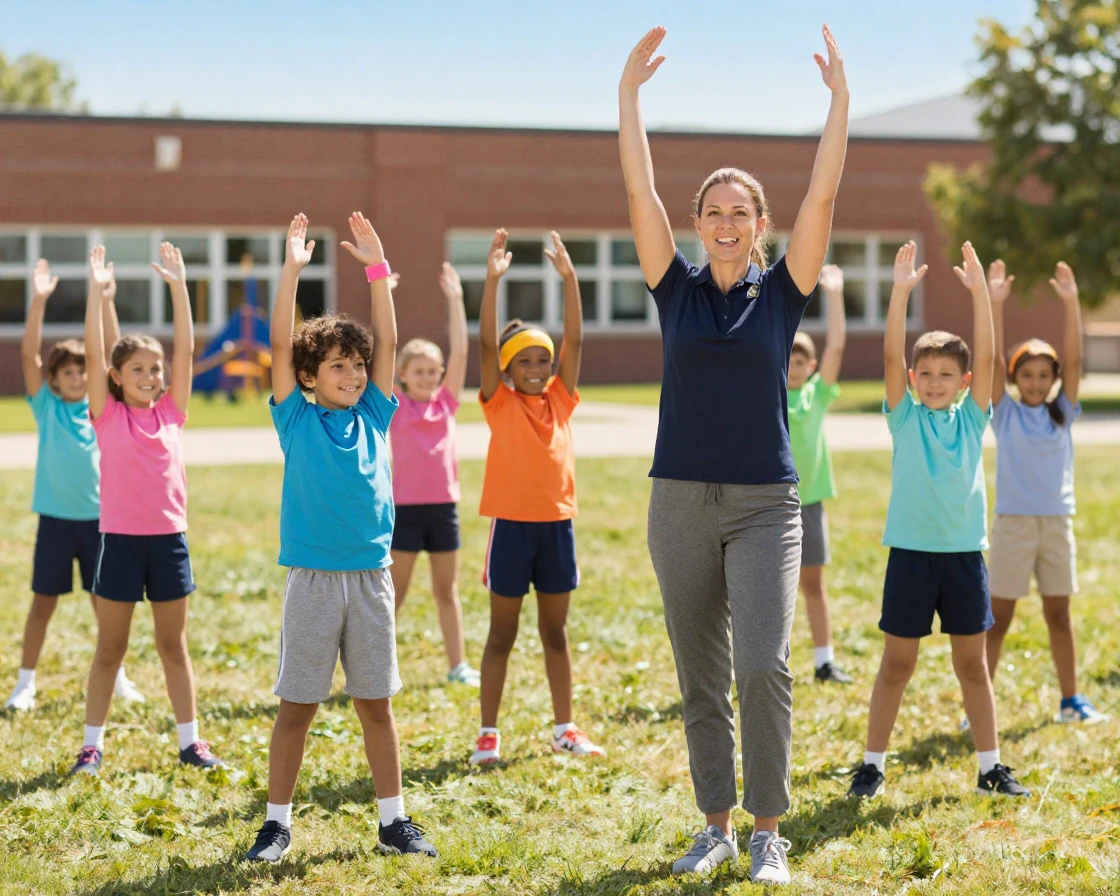 A teacher leading a physical education class with students stretching.