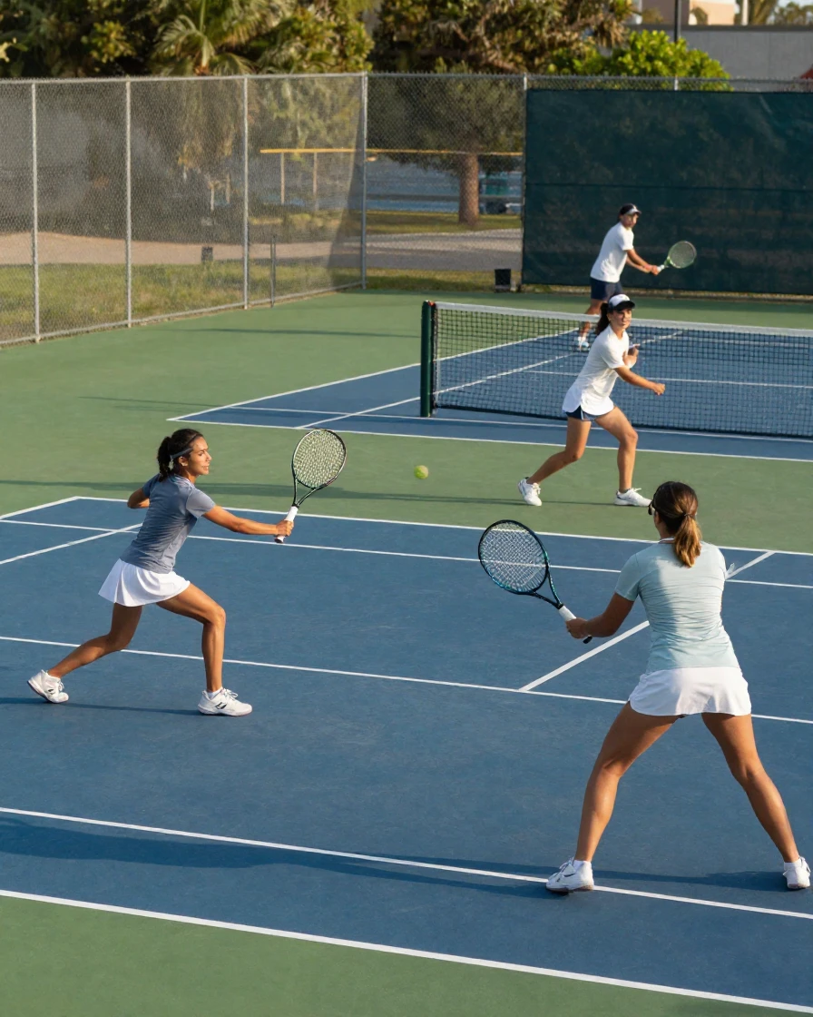 A group of friends playing tennis doubles on a court.