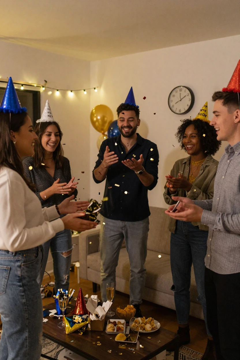 Friends celebrating New Year's Eve with party hats and confetti.