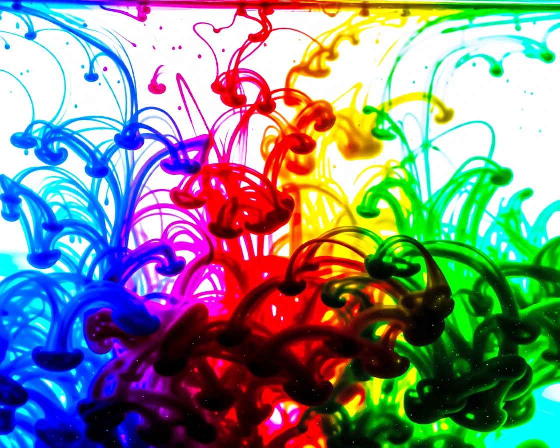 Abstract background of colorful ink drops dispersing in water.