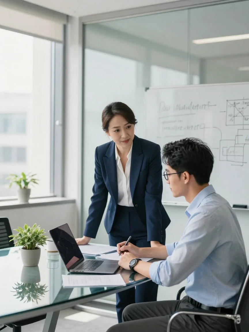 A businesswoman coaching an employee one-on-one in a small glass meeting room.
