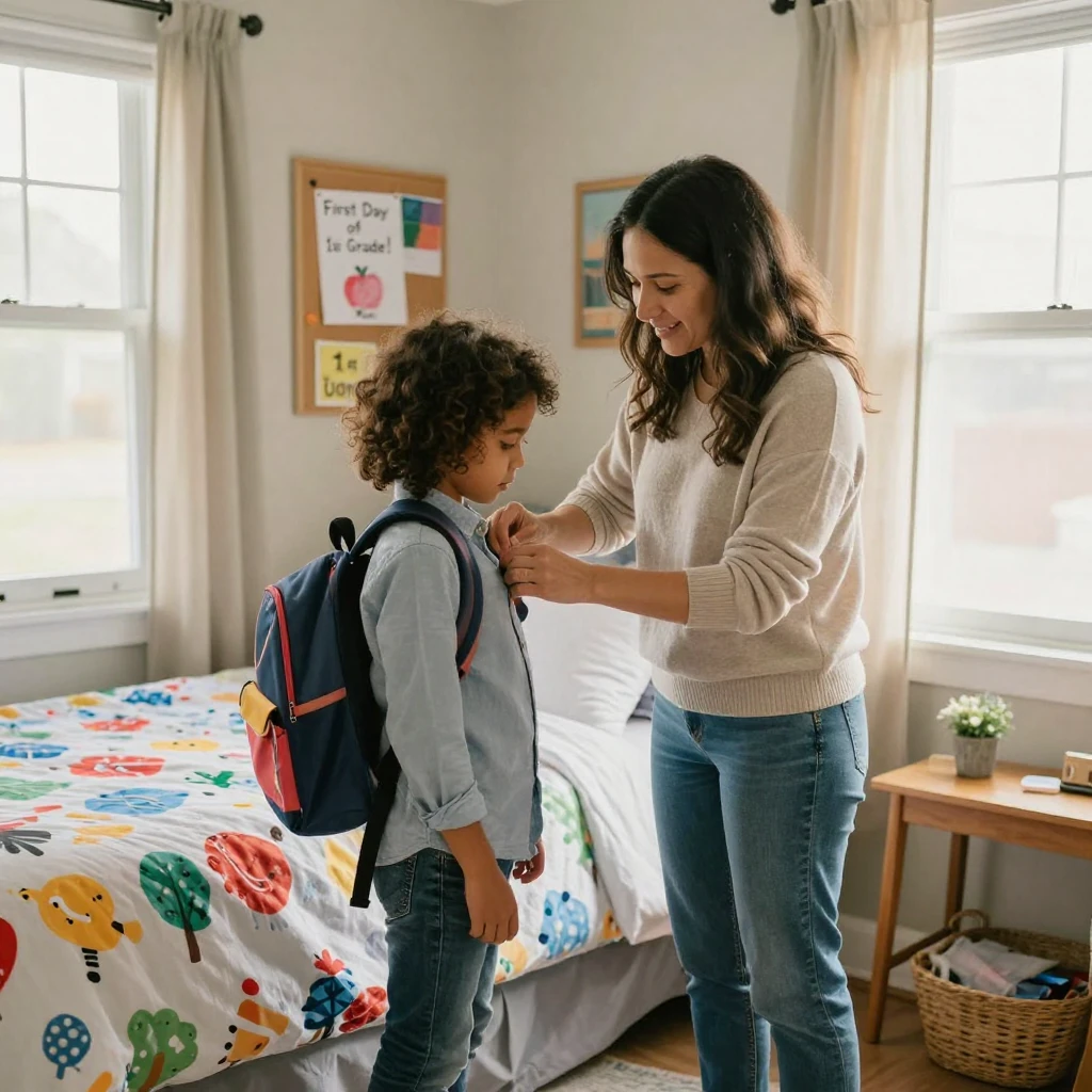 A mother helping her child get dressed for the first day of school.