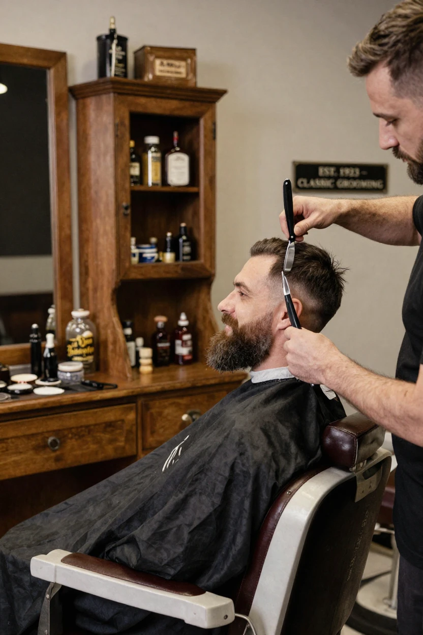 A man getting his beard trimmed with a straight razor at a barbershop.