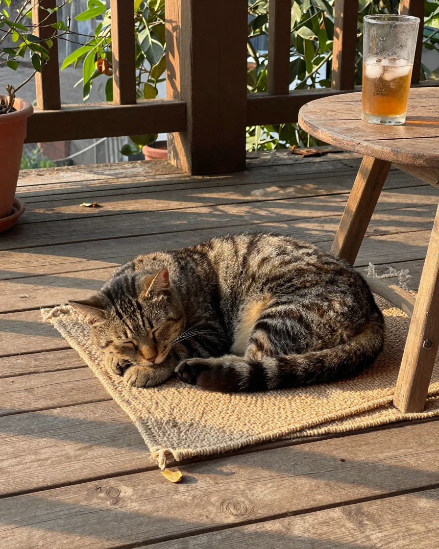 A cat napping in a sunbeam on a wooden porch.
