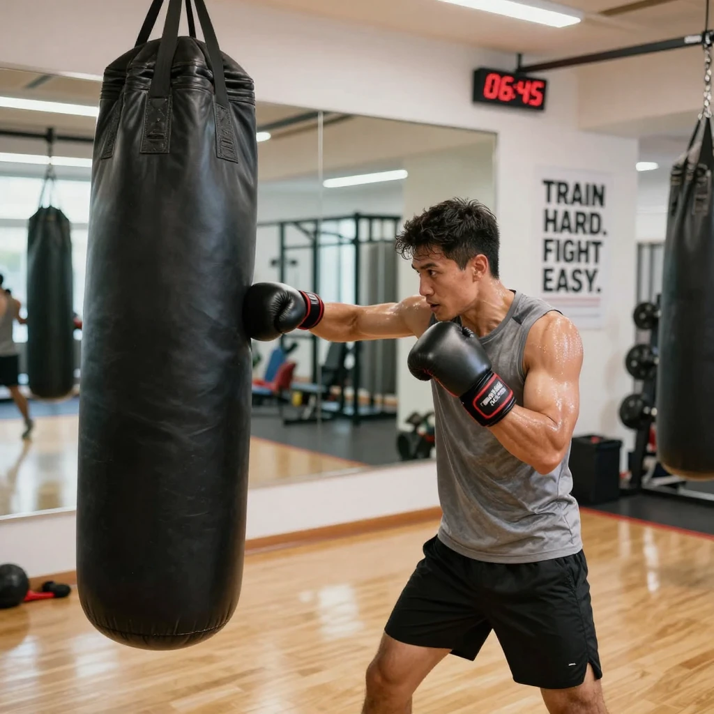 A man doing a boxing workout, hitting a punching bag at the gym.
