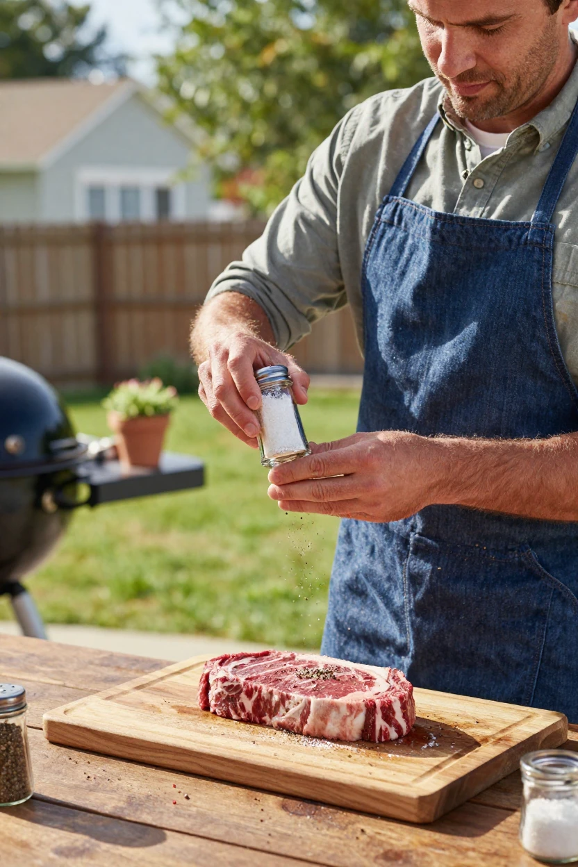 A man seasoning a steak with salt and pepper before grilling.