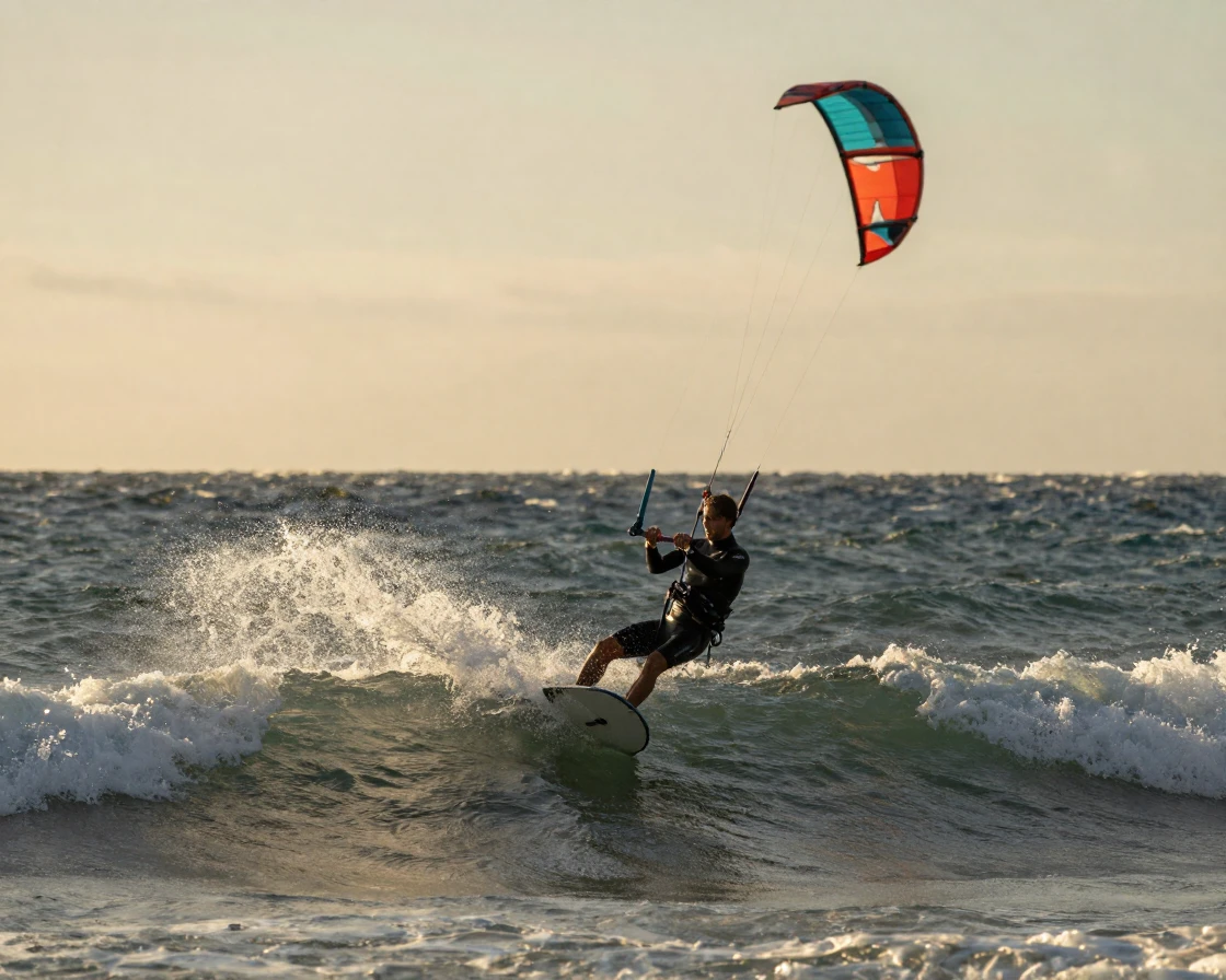 A man kite surfing across open ocean waves.