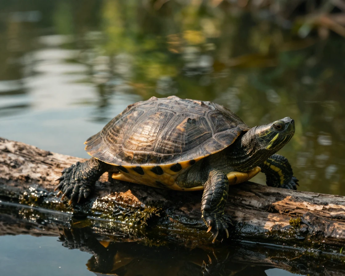 A close-up of a turtle basking on a log in a calm pond.