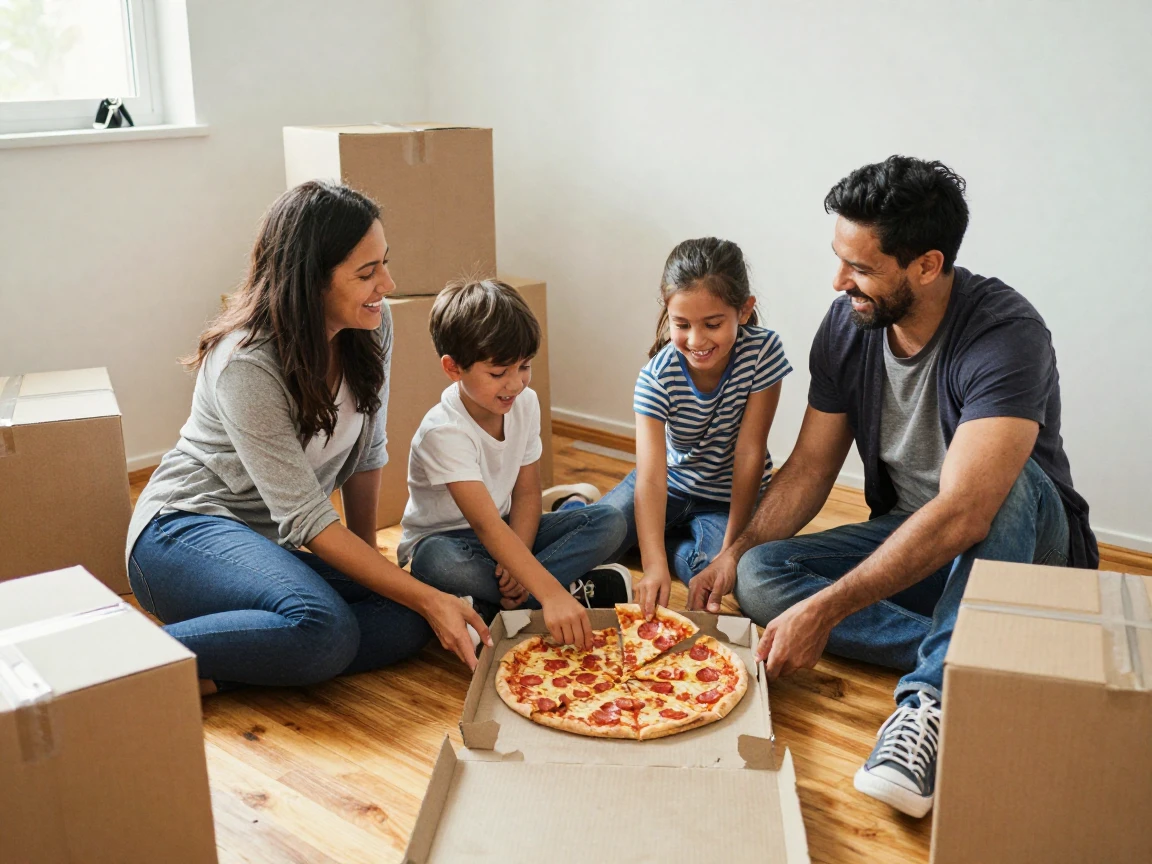 A family celebrating their move-in day with pizza on the floor.