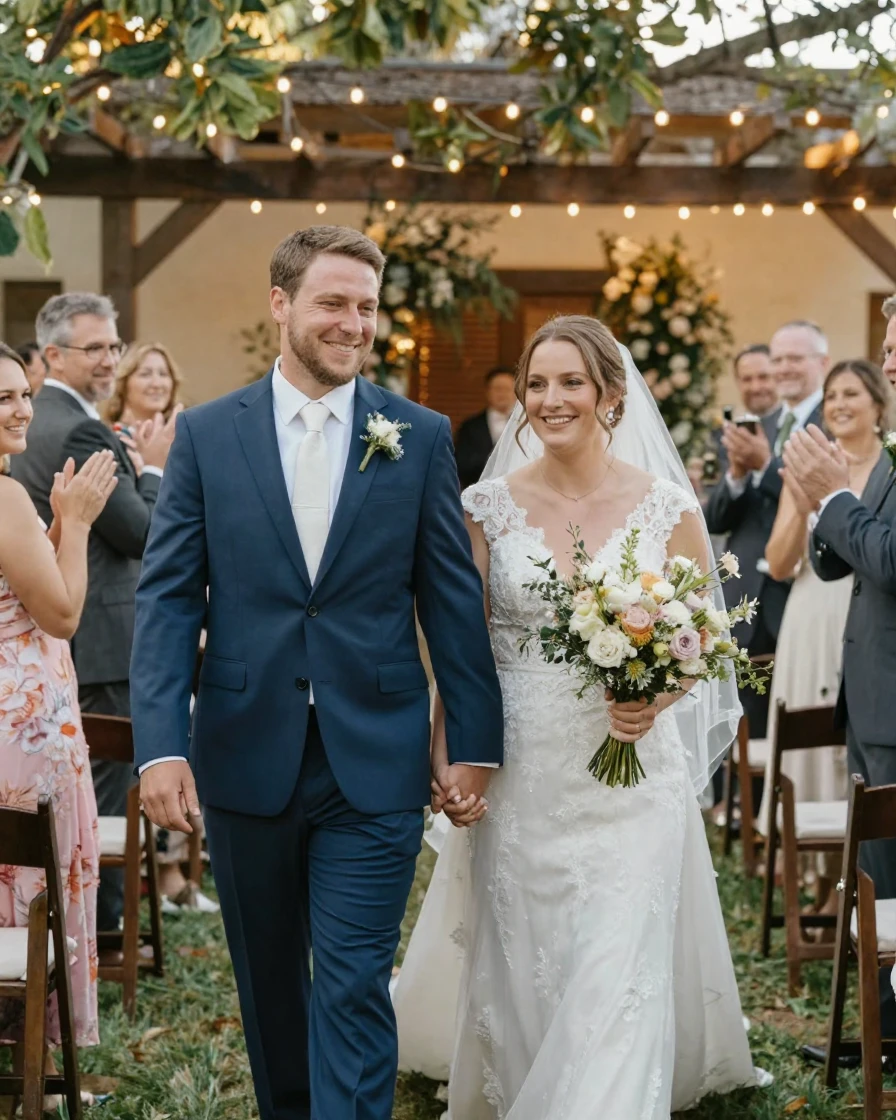 A couple walking hand in hand down the aisle after their wedding.