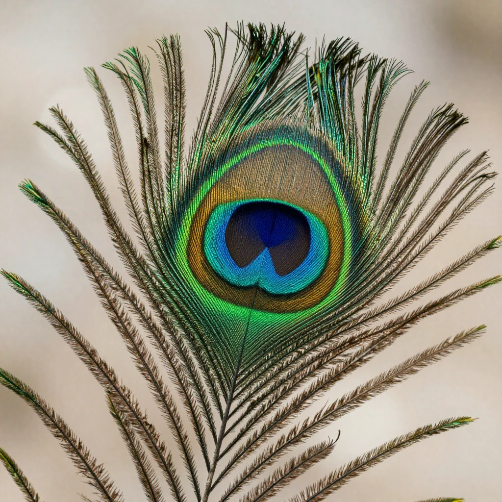 Close-up of a peacock feather's iridescent pattern.