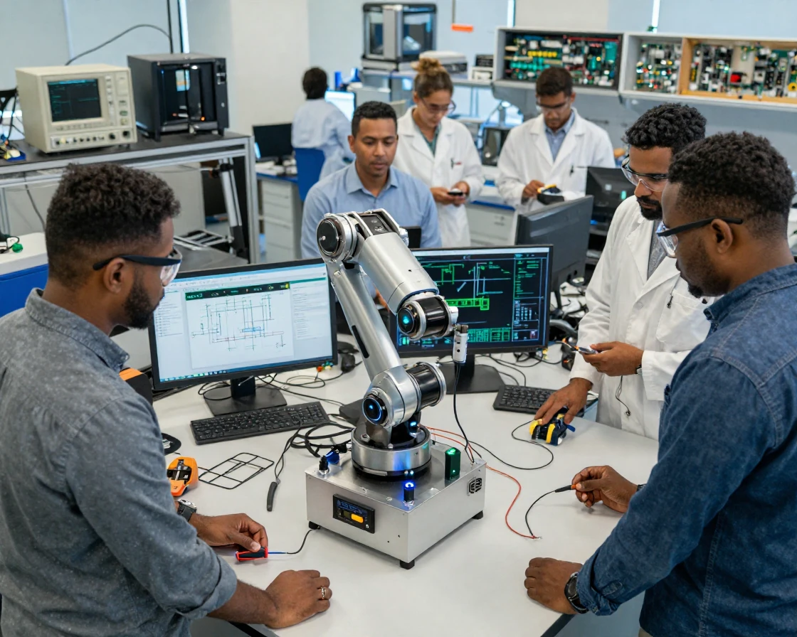 A group of engineers testing a robotic prototype on a lab workbench.