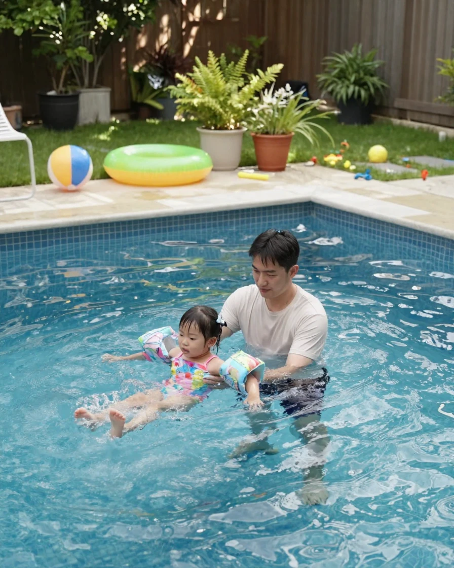 A father teaching his daughter how to swim in a backyard pool.