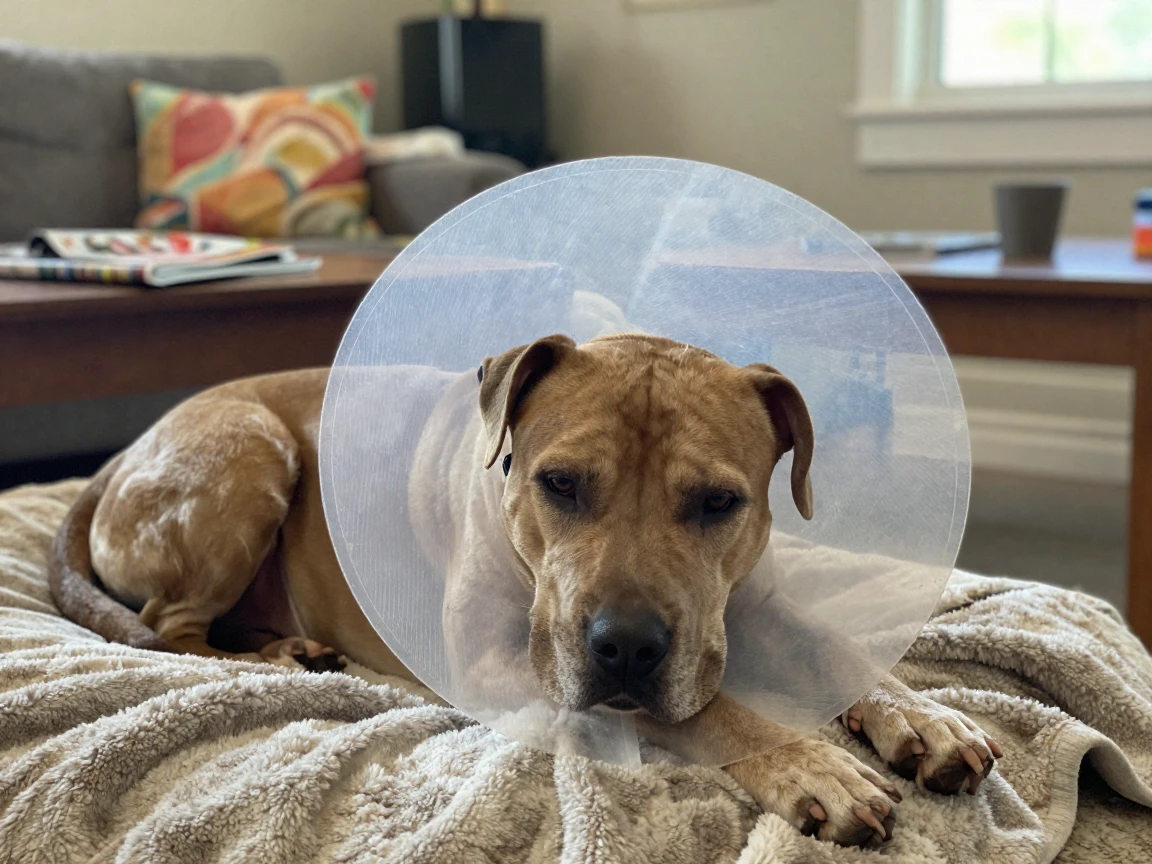 A dog wearing a cone collar resting after a vet visit.