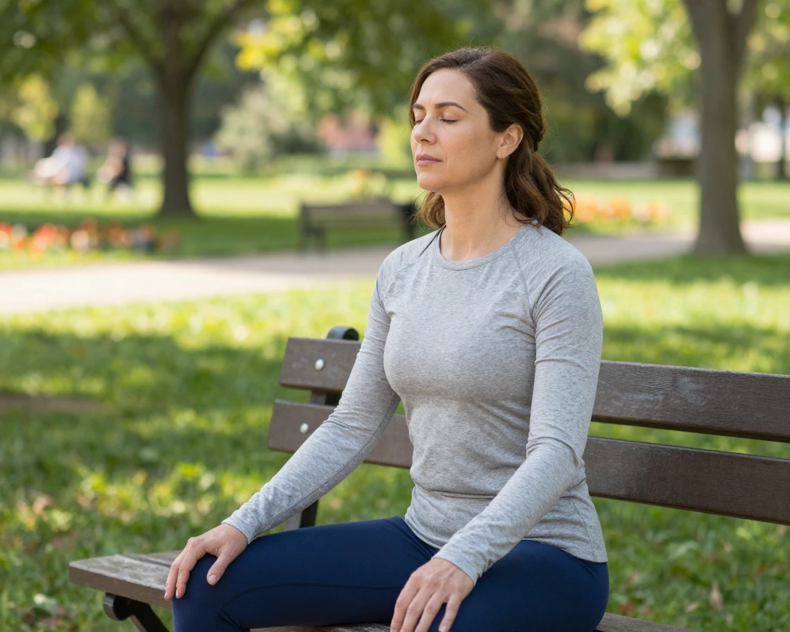 A woman practicing deep breathing exercises outdoors on a park bench.