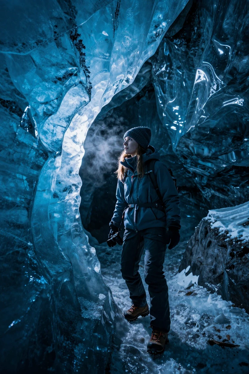 A woman exploring an ice cave with blue glacial light streaming in.
