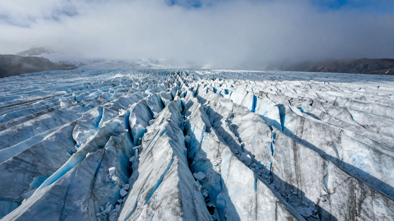A vast glacier field with deep blue crevasses.