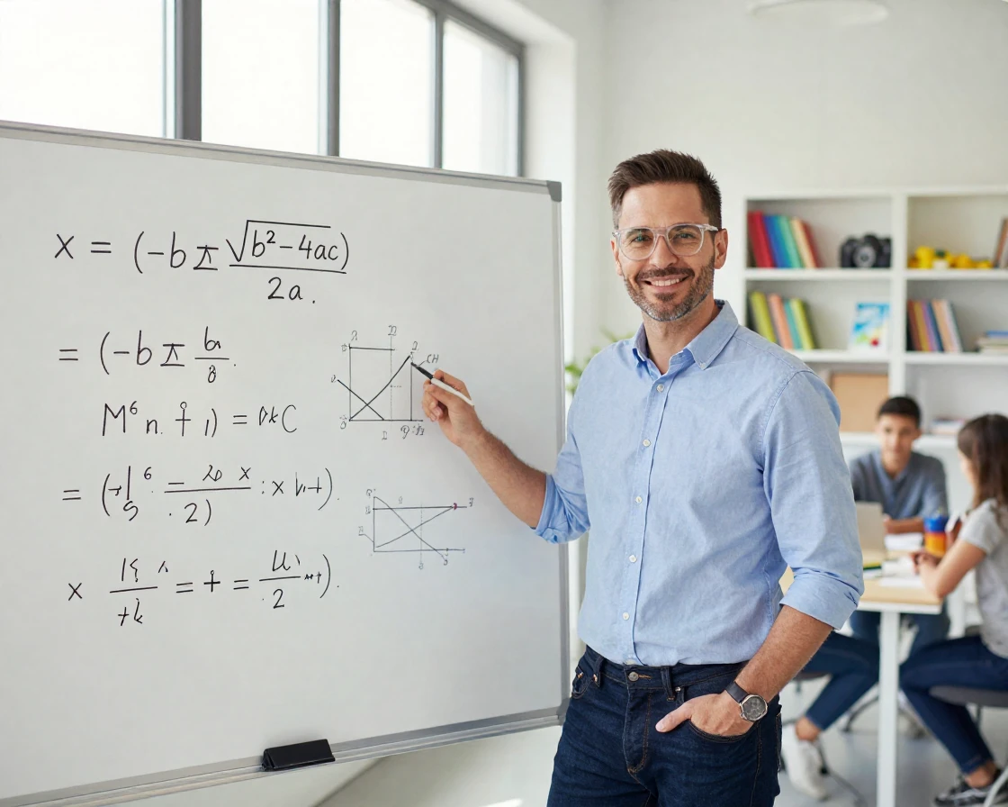 A tutor explaining a math formula using a whiteboard at a tutoring center.