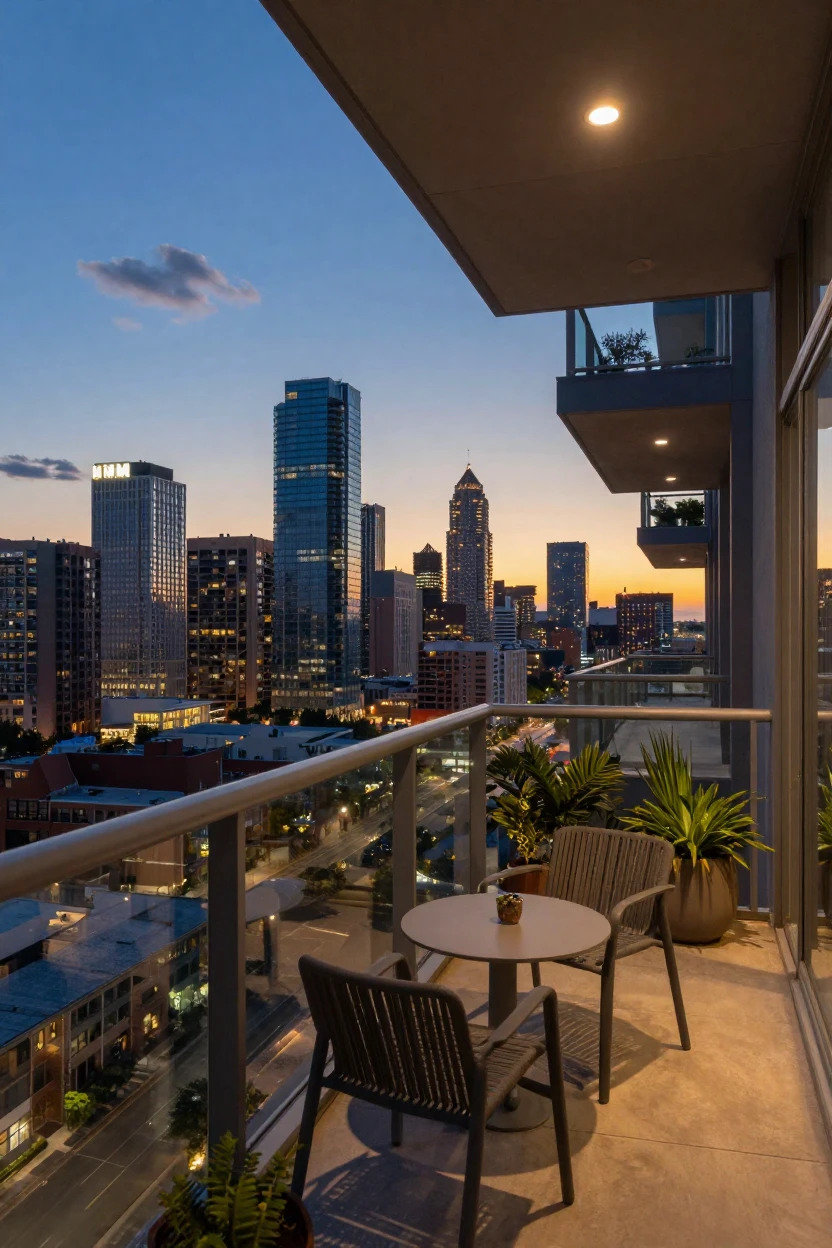 A modern condo balcony overlooking a city skyline at dusk.