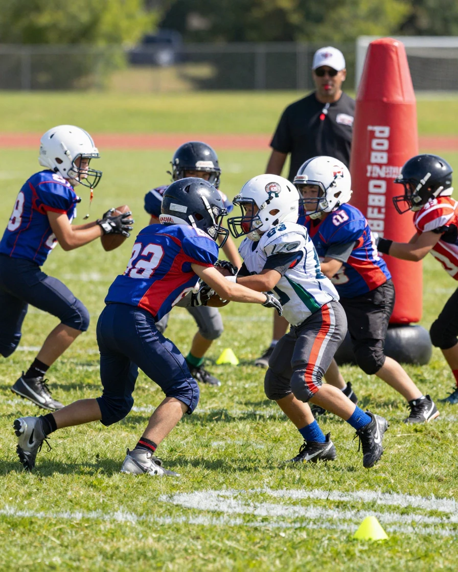 A youth football team practicing tackling drills.