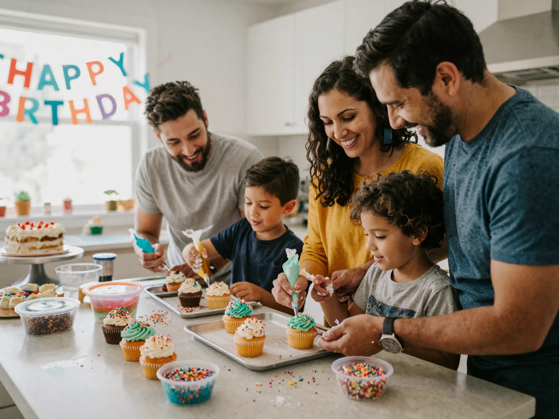 A family decorating cupcakes together for a birthday celebration.