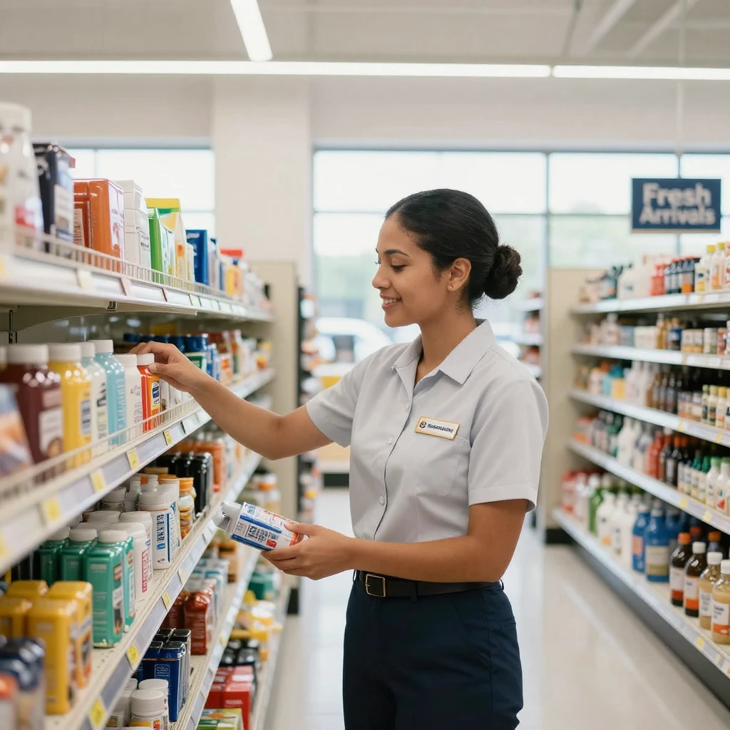 A retail employee restocking shelves in a bright modern store.