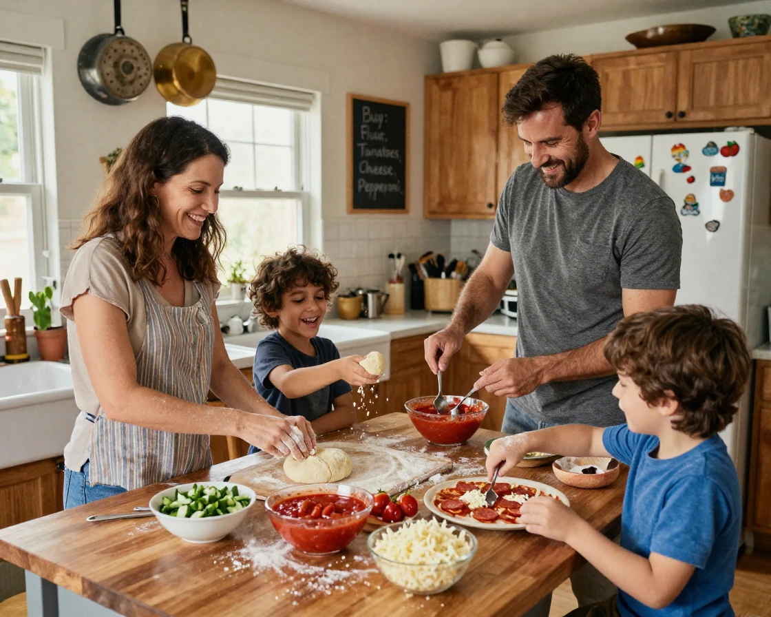 A family gathered in the kitchen making pizza together from scratch.