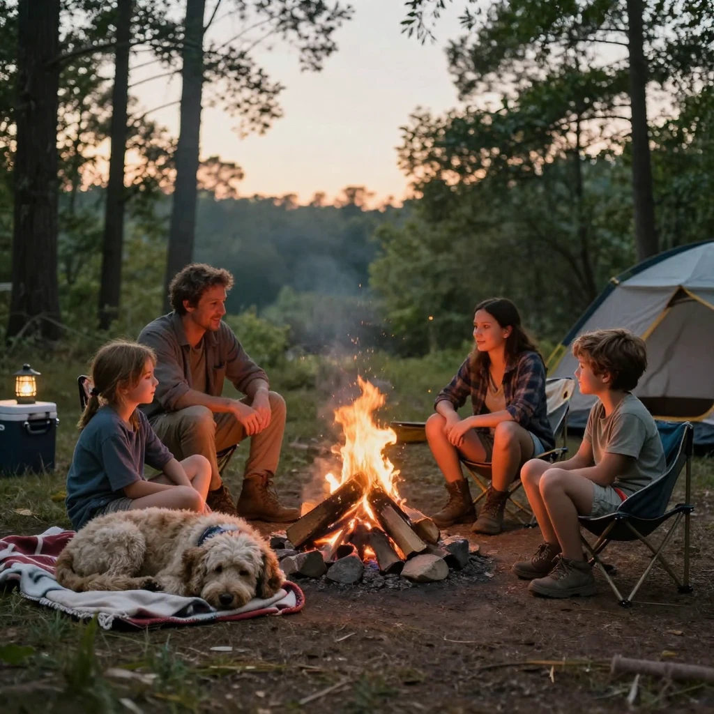A family camping with their dog curled up by the campfire.