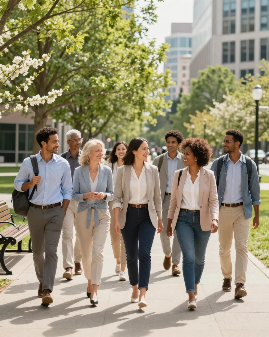 A group of coworkers doing a lunchtime walk for their mental health.