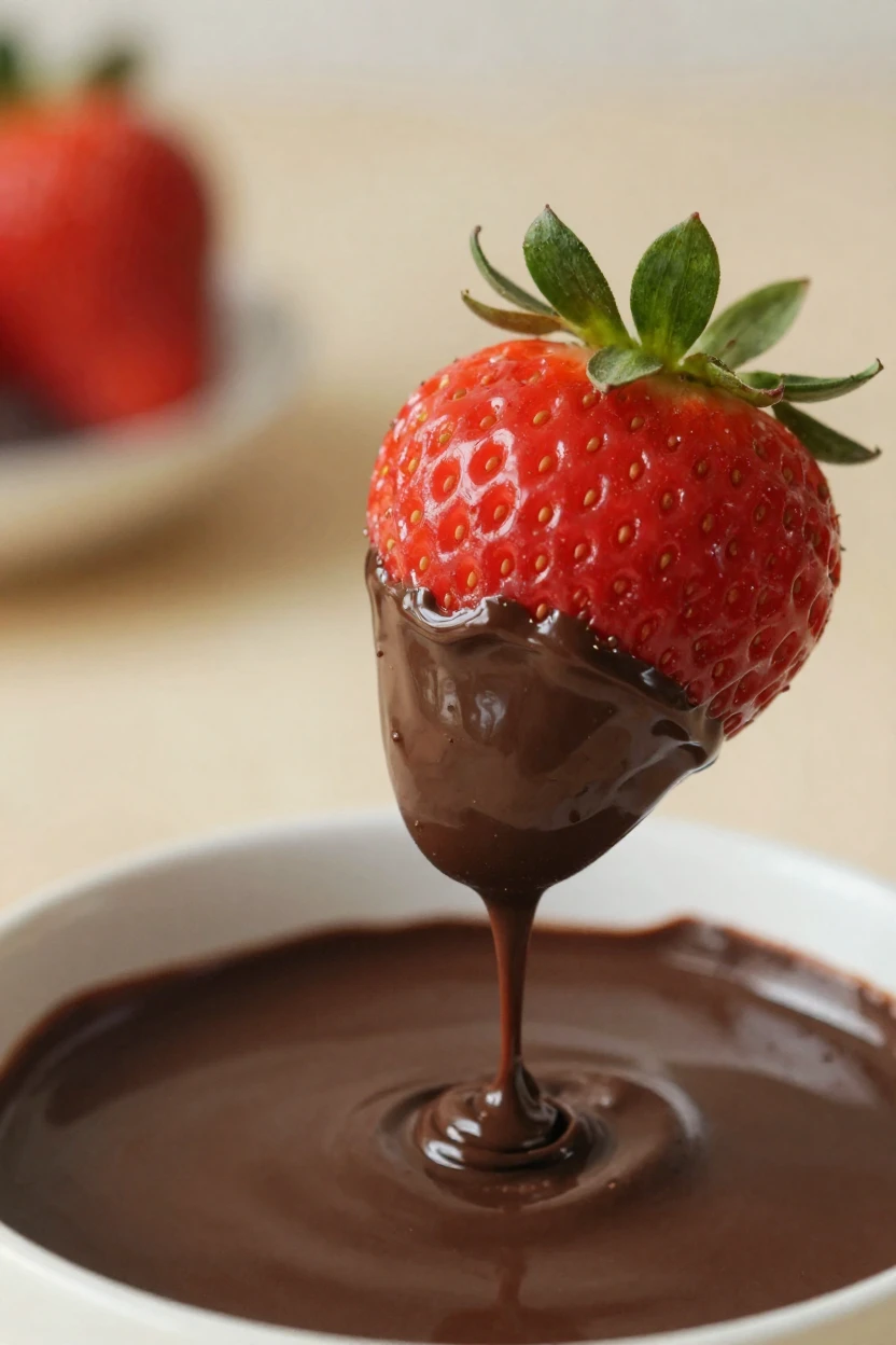 A close-up of fresh strawberries being dipped in melted chocolate.