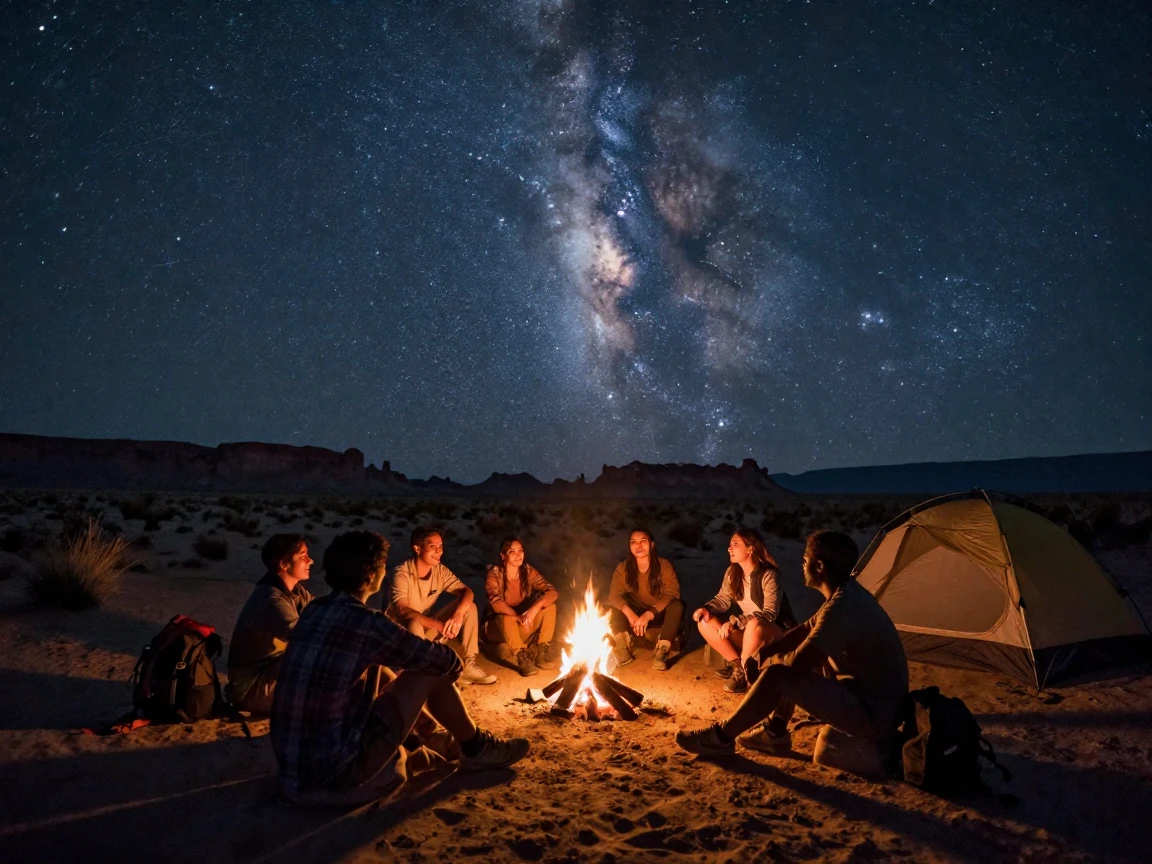 A group of friends camping under a sky full of stars in the desert.