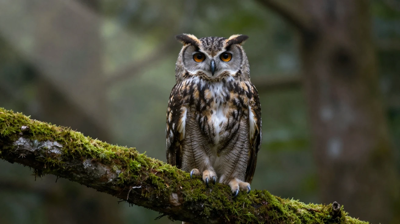 A close-up of an owl perched silently on a moss-covered branch.