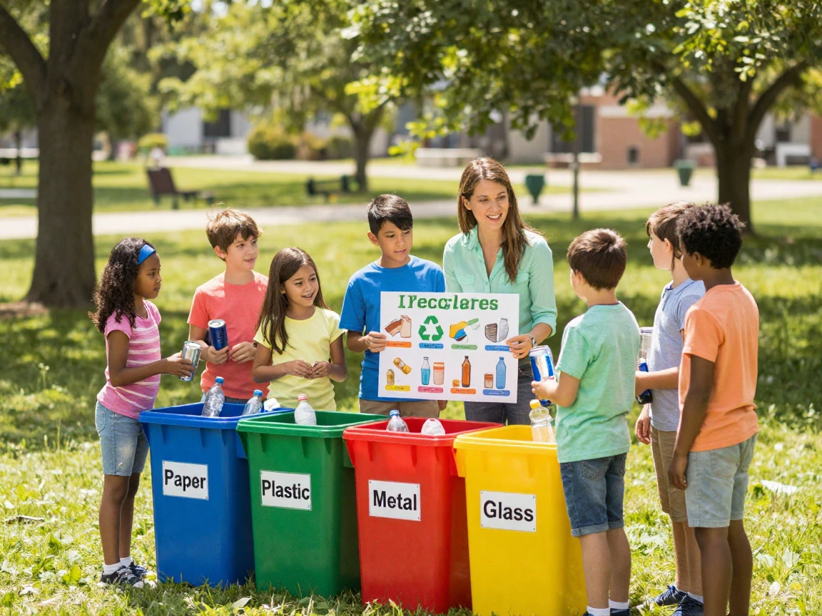 A group of children learning about recycling during an environmental lesson.