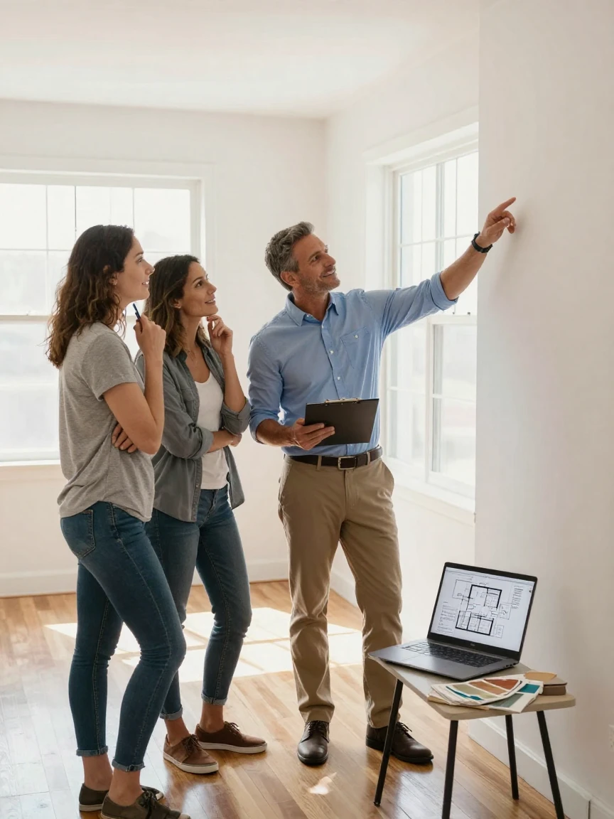A couple discussing renovation ideas with a contractor in an empty room.