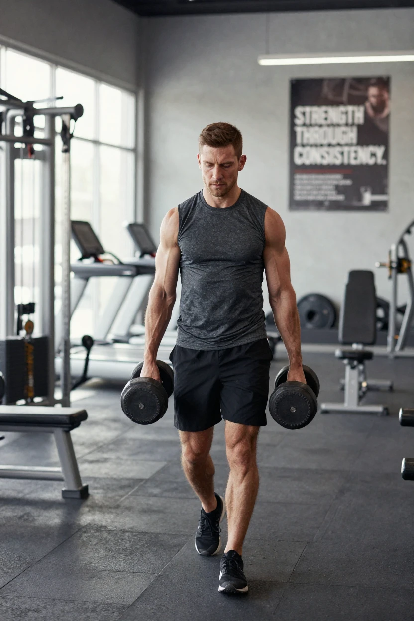 A man doing a farmer's carry with heavy dumbbells at the gym.