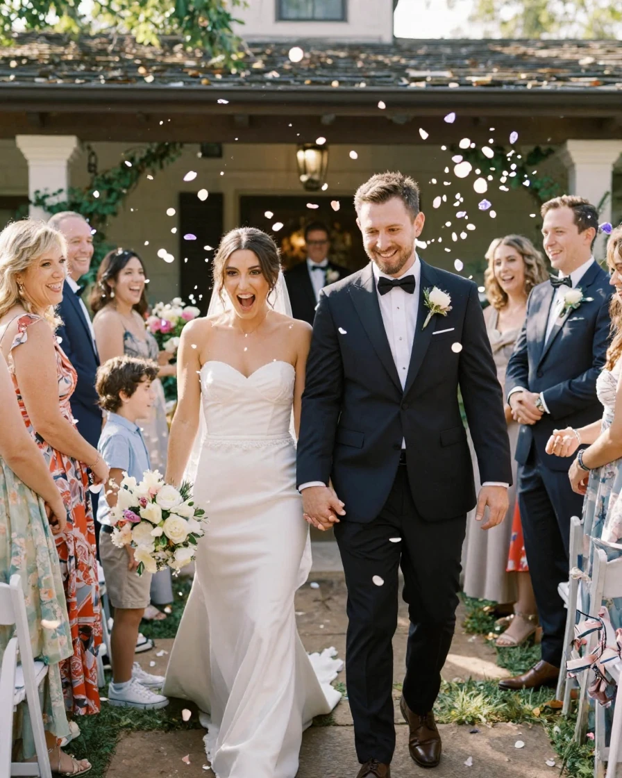 Guests throwing flower petals as a couple exits the ceremony.