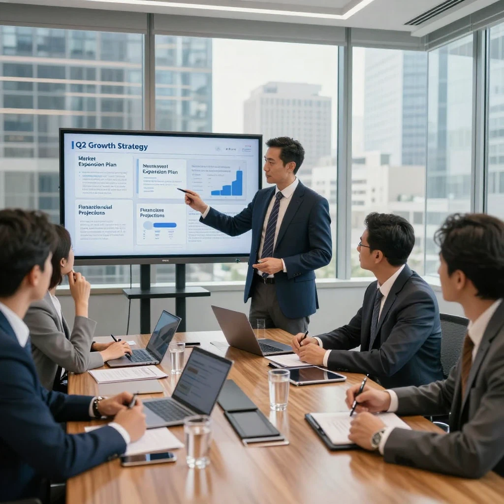 A businessman reviewing a pitch deck with investors around a boardroom table.