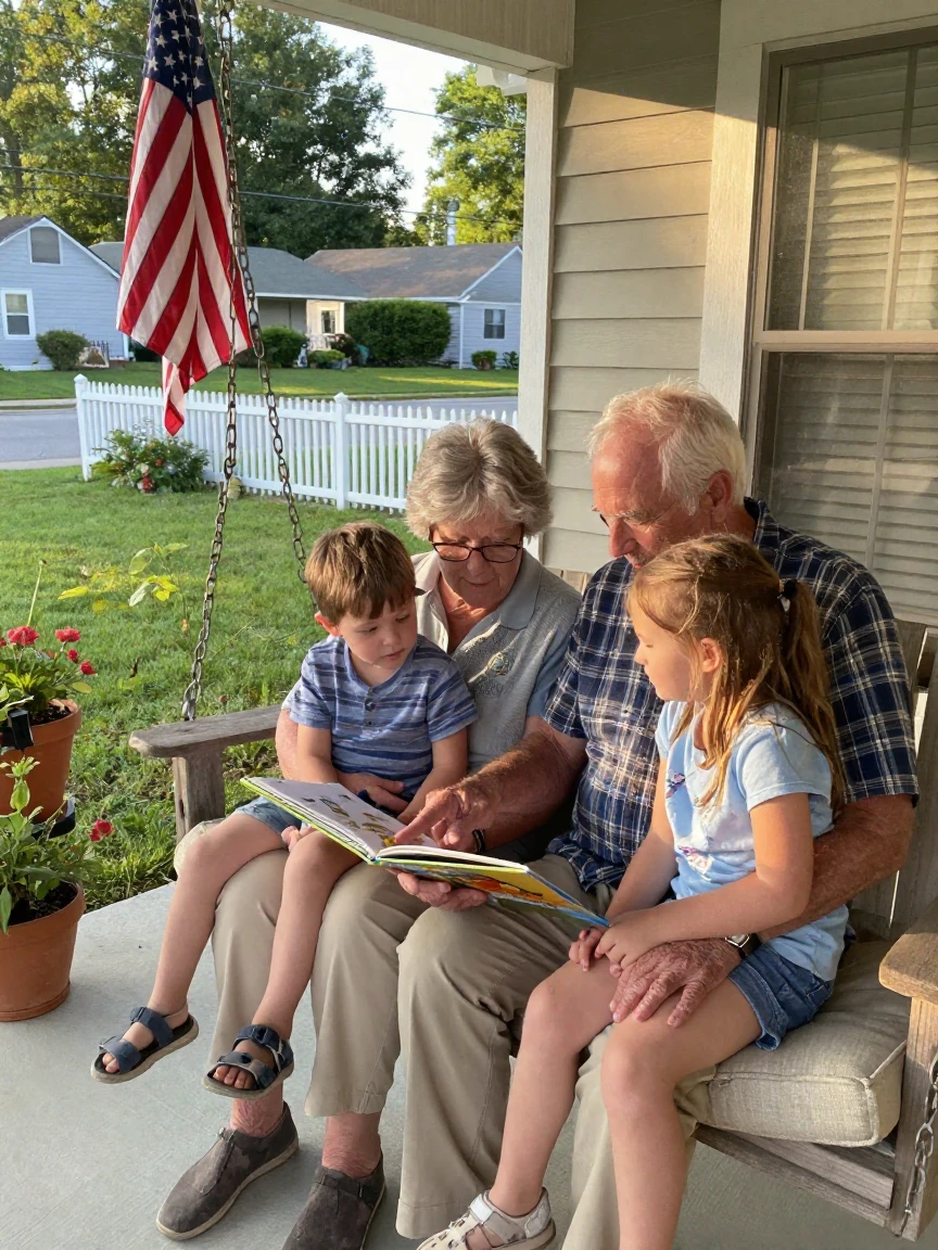 Grandparents reading a picture book to their grandchildren on a porch swing.