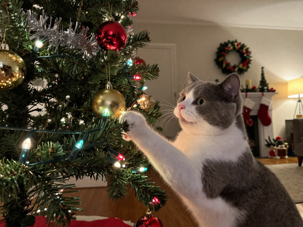 A cat pawing at a string of holiday lights on a Christmas tree.