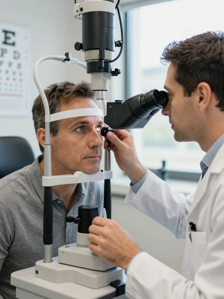 A man having his eyes examined during a routine eye exam.