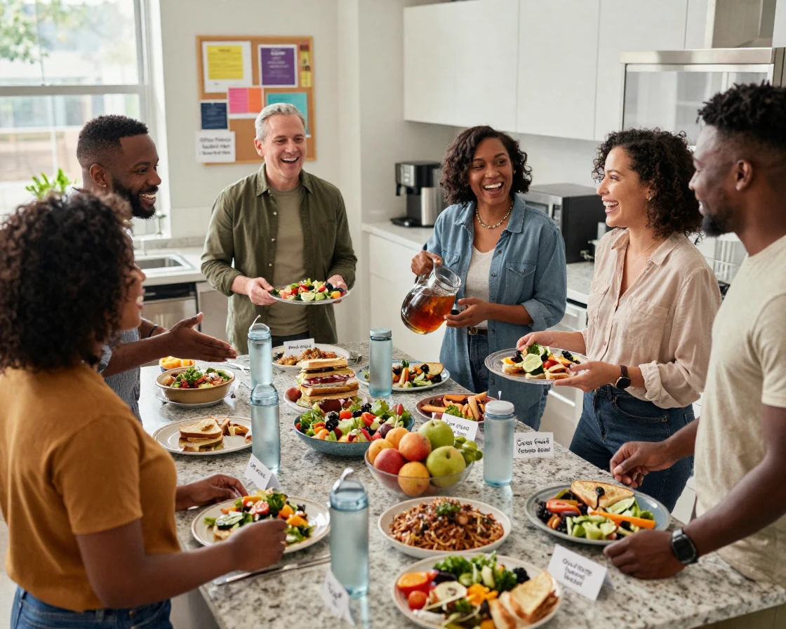 A group of coworkers enjoying a potluck lunch in an office kitchen.