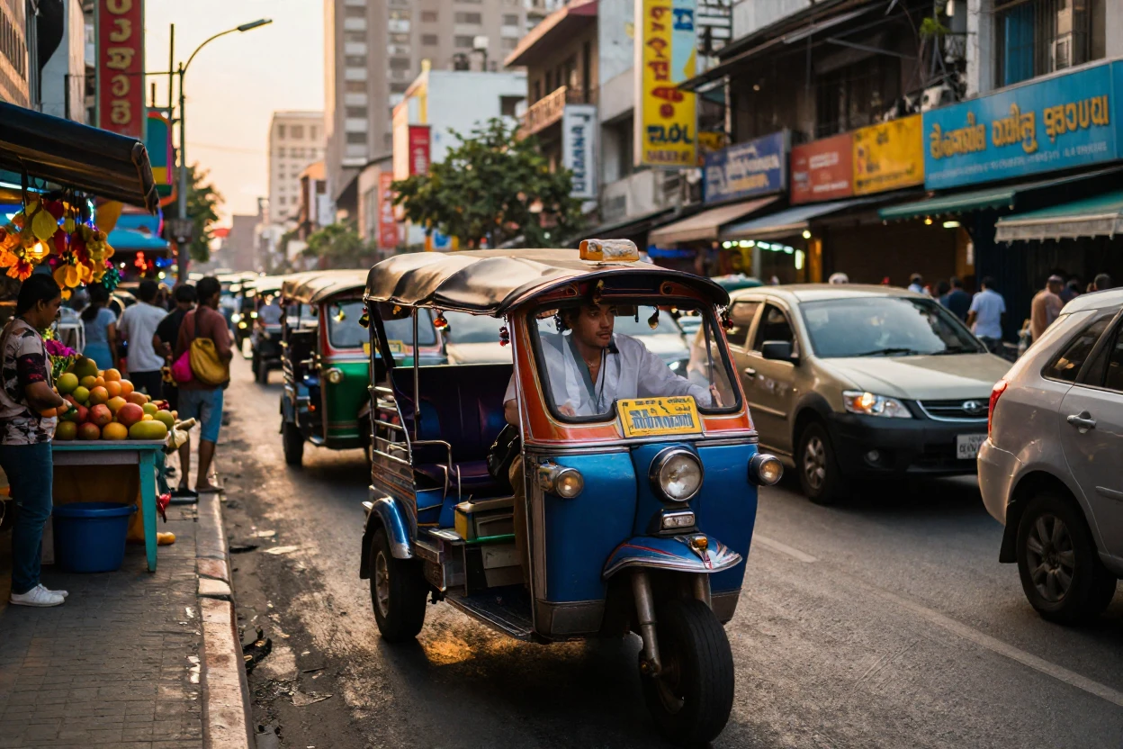 A traveler riding a tuk-tuk through a busy city street.