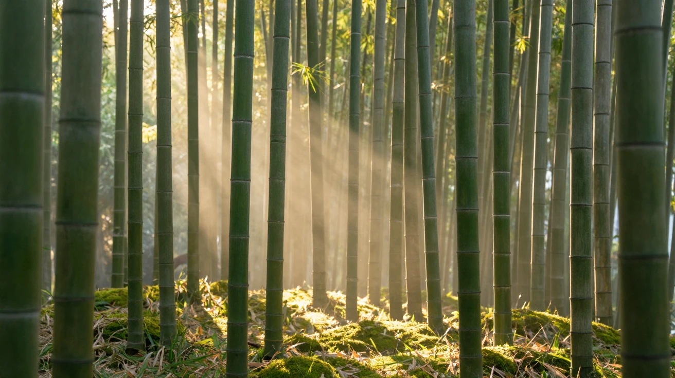 A tranquil bamboo grove with light filtering through tall stalks.