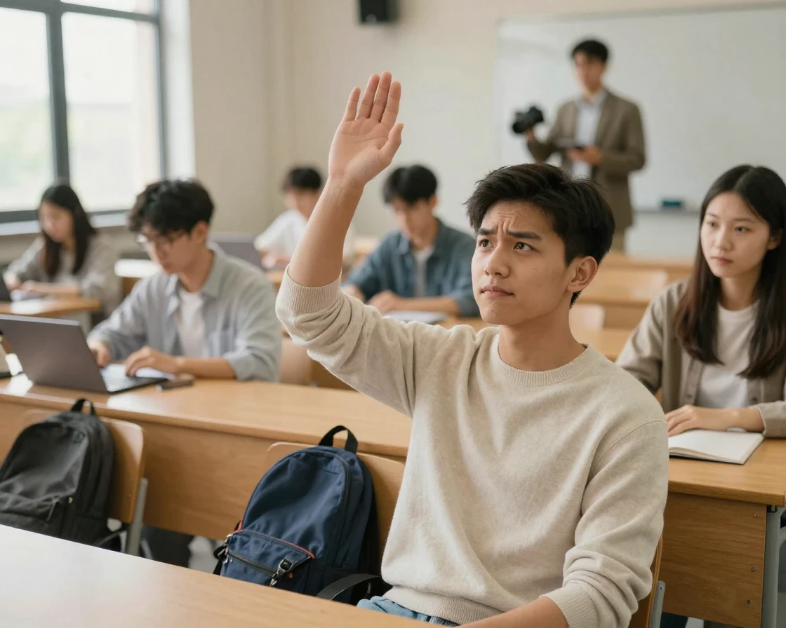 A student asking a question during a lecture, hand raised.