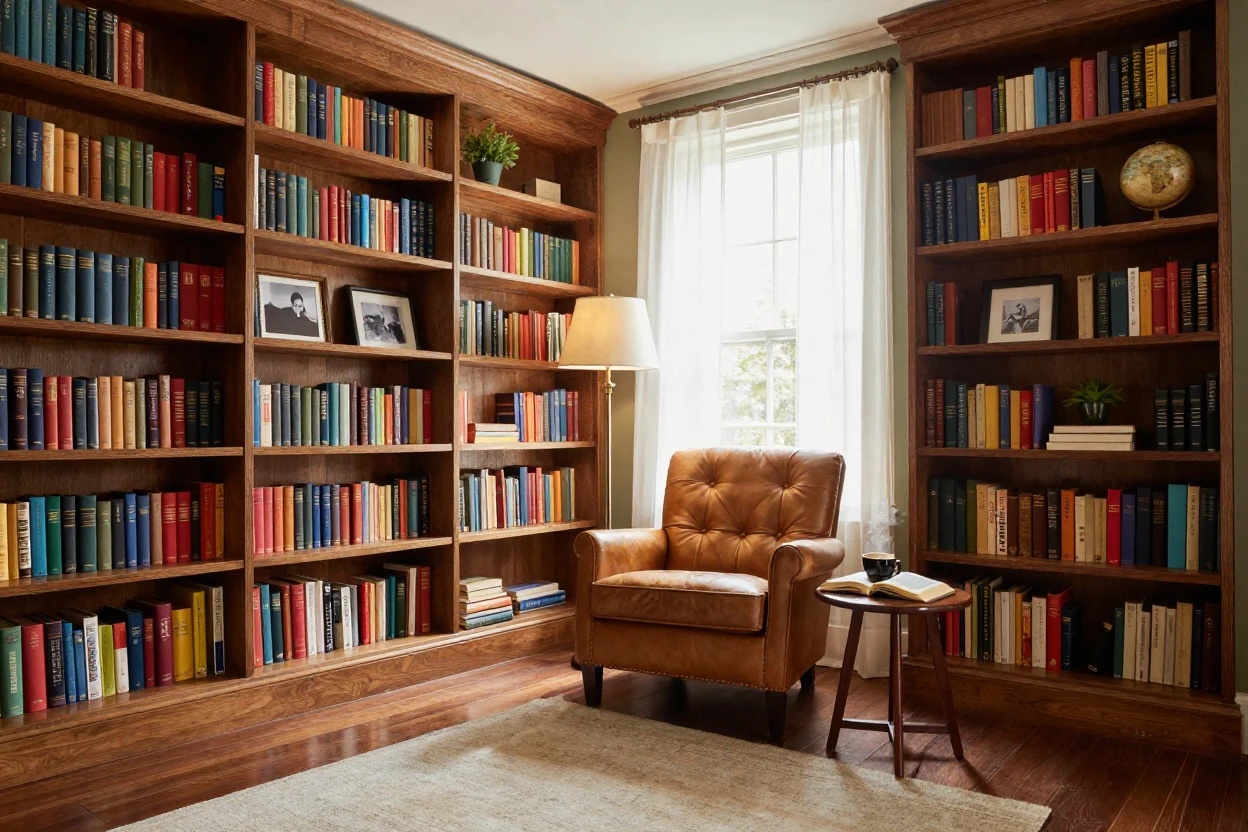 A staged home library with built-in bookshelves and a cozy armchair.