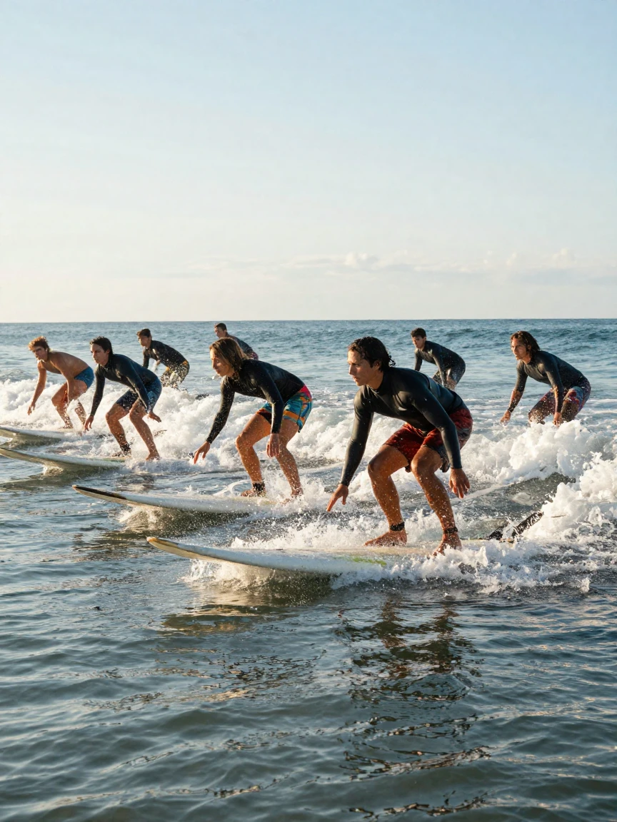 A group of surfers paddling out to catch a wave.