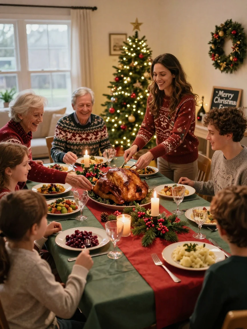 A family gathered around a table for a festive Christmas Eve dinner.