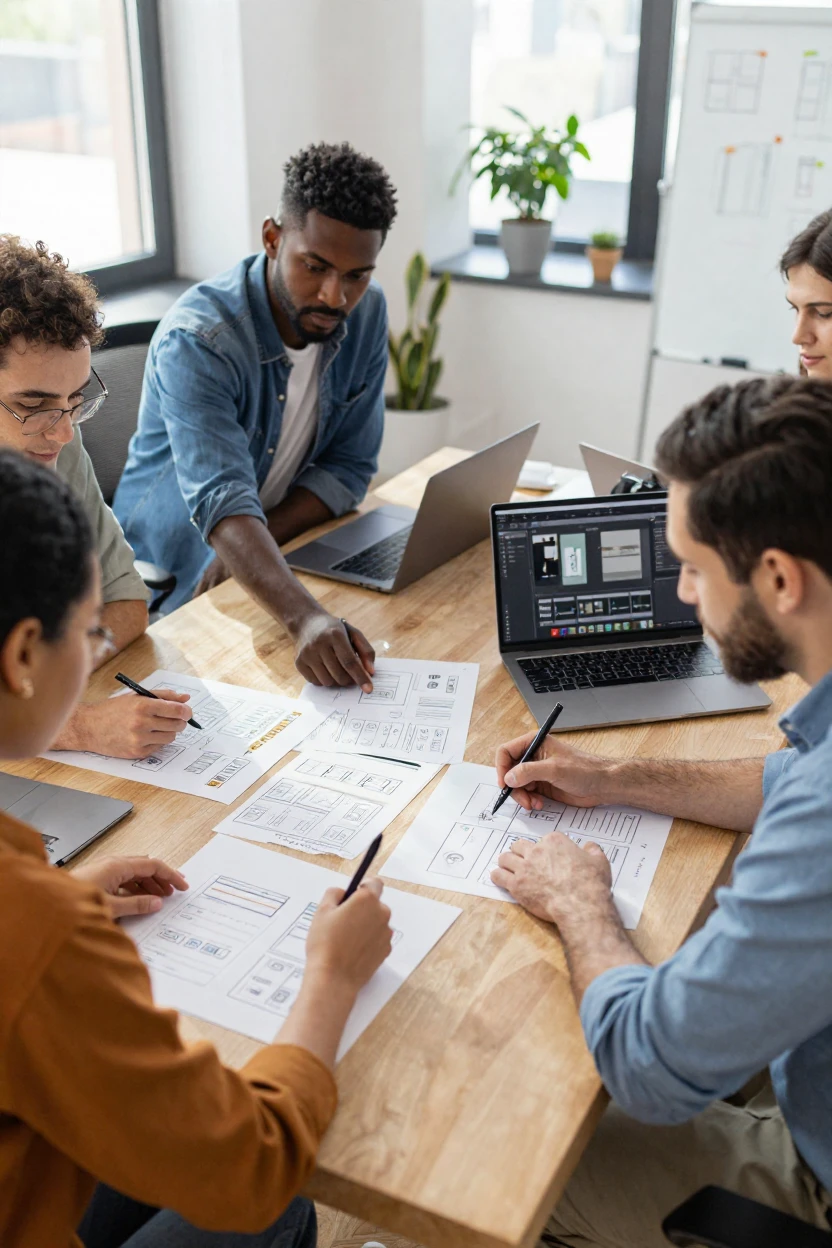 A team of designers sketching wireframes on paper next to their laptops.